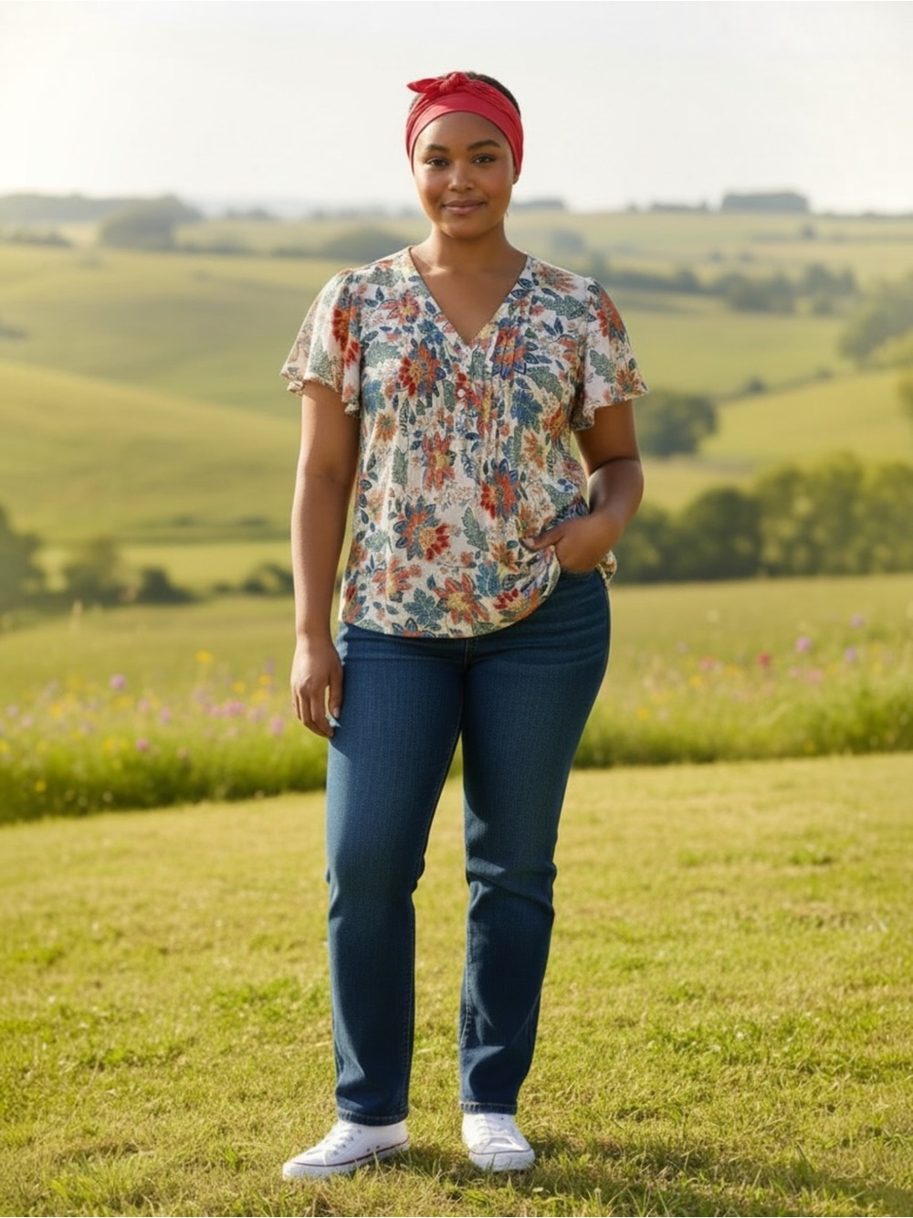 Rose & Olive Multi-Color Floral V-Neck Button Front Women's Top - Picture 3 of 4